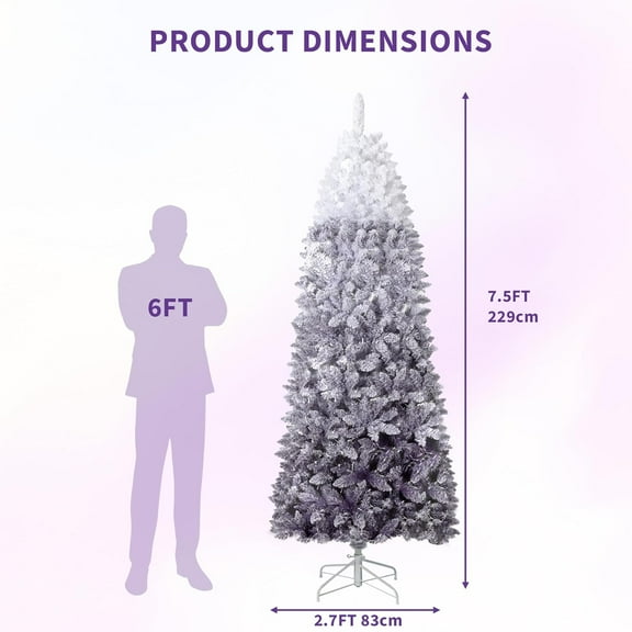 Acekid 7.5Ft White Purple Gradient Pencil Christmas Tree Artificial Slim Xmas Trees Skinny Christmas Tree Decorations Fake Flockeds White Purple