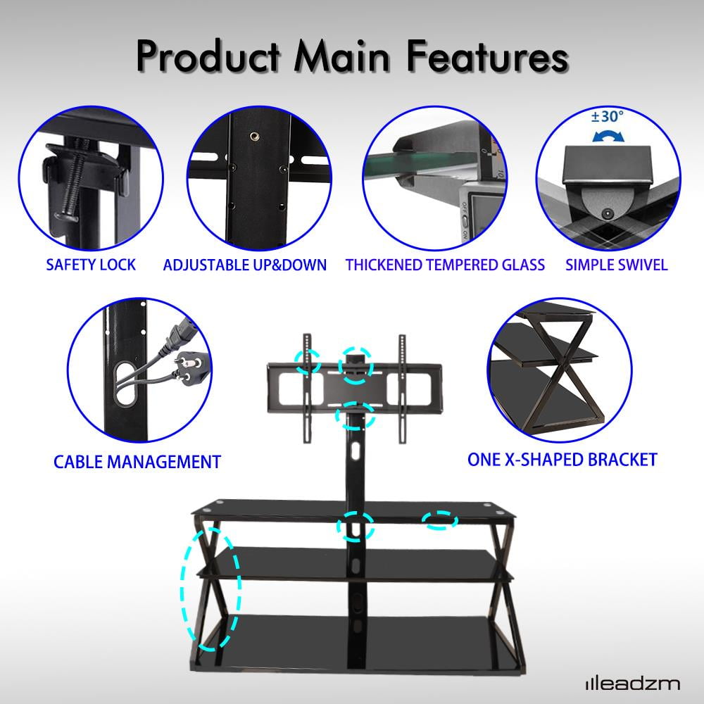 Ktaxon Swivel TV Stand Mount for 32-65" TVs, 3-Tier Glass