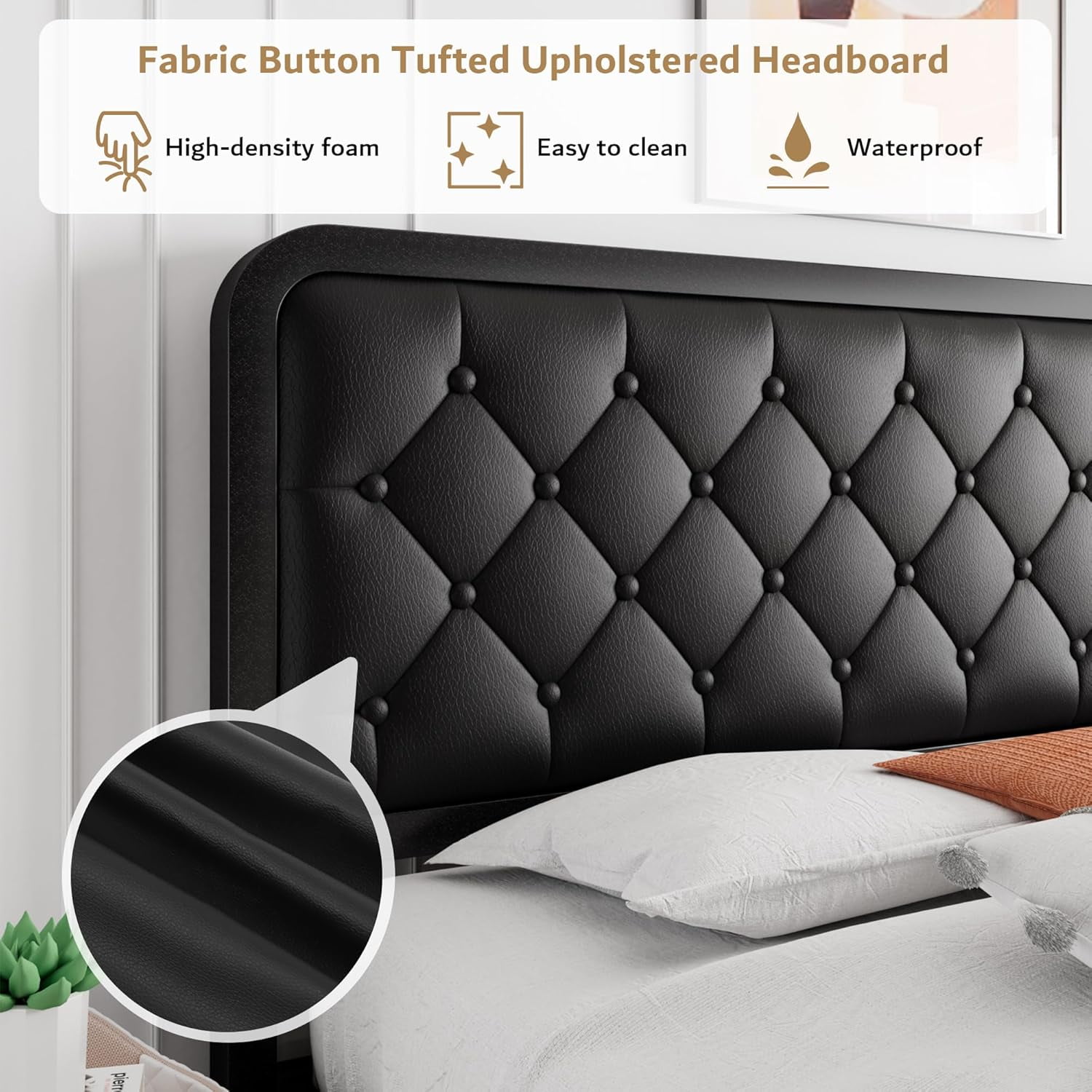 iPormis Twin Size Metal Bed Frame with Black Faux Leather Upholstered Headboard, 12'' Underbed Space,  Black