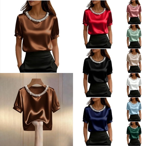 Krdevn Women Satin Pearl Collar Blouse, Short Puff Sleeve Solid Elegant Slim Fit Shirt for Office Work,Coffee