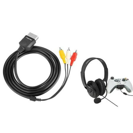 Insten Video Audio AV Cable TV Cord + Black Gaming Headset With Mic Headphone with Microphone For Microsoft Xbox 360 Live (The Best Gaming Tv For Xbox 360)