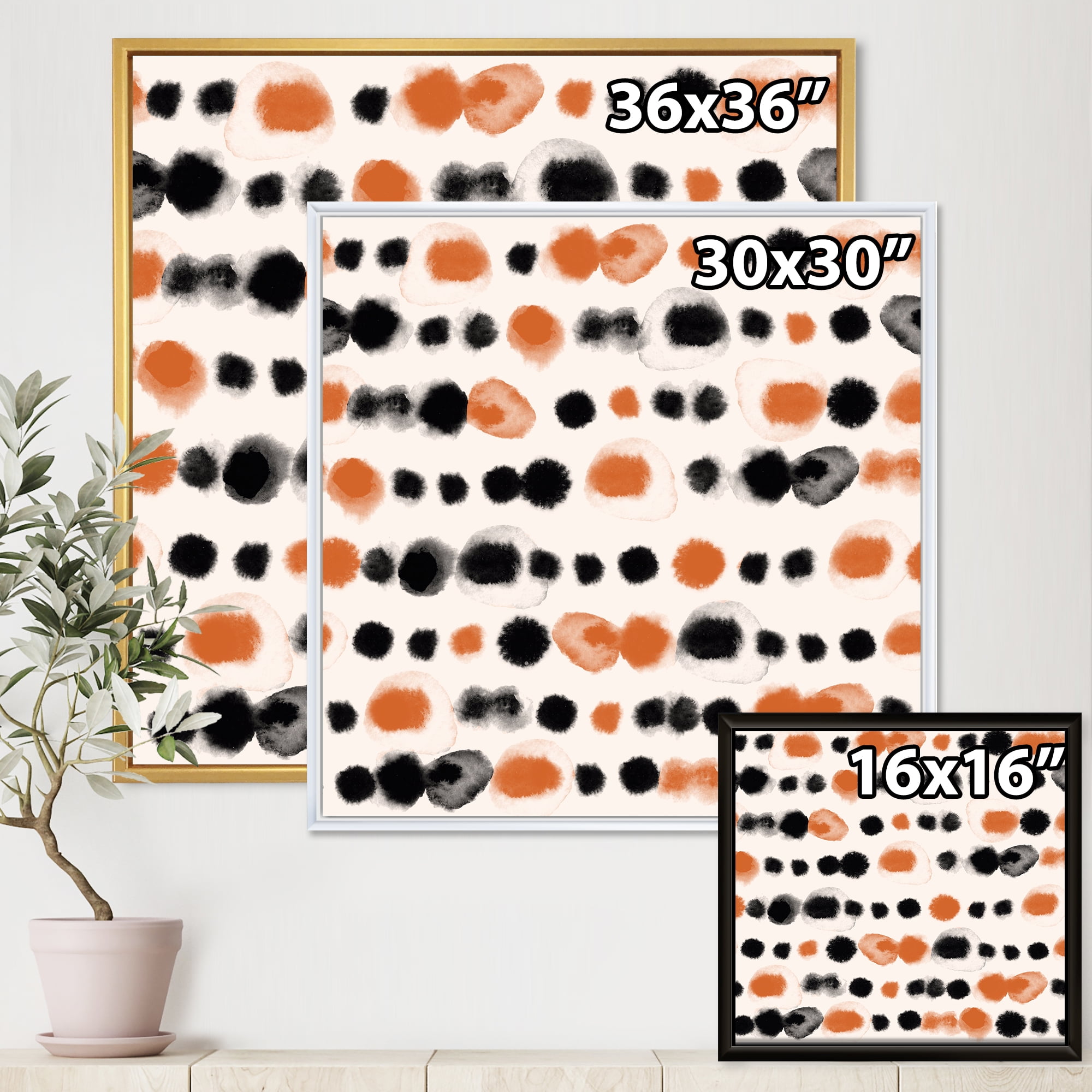 Designart 'Orange and Black Polka Dots' Modern Framed Canvas Wall Art Print