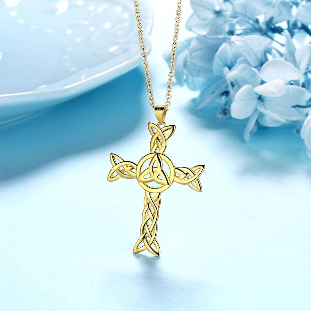 Hipunk 925 Sterling Silver 18K Gold Plated Celtic Cross Necklace for Women Men Trinity Triquetra Knot Pendant Necklace Irish Religious Jewelry Fathers Day Gift