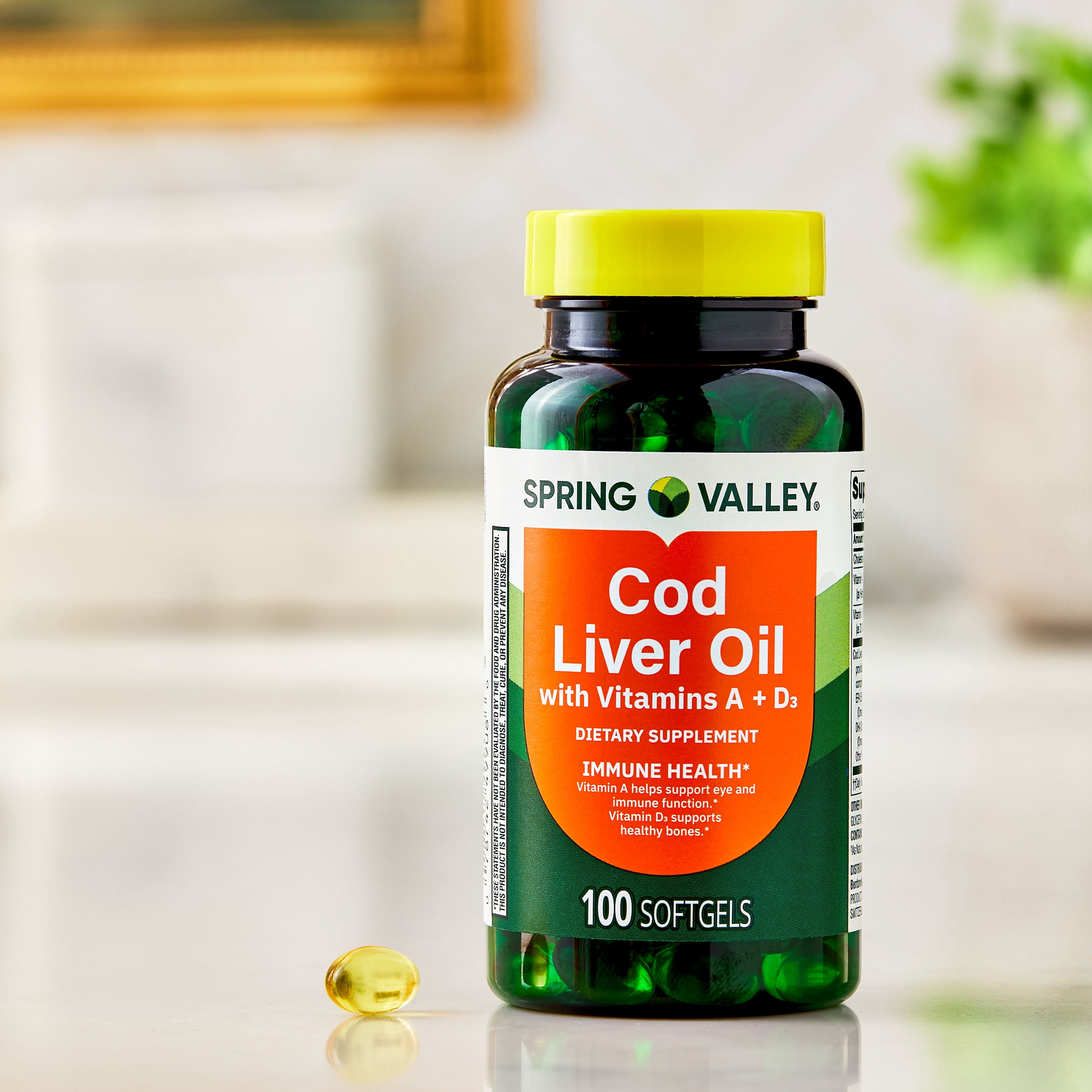 Spring Valley Cod Liver Oil Plus Vitamins A & D3 Dietary Supplement, 100 Count