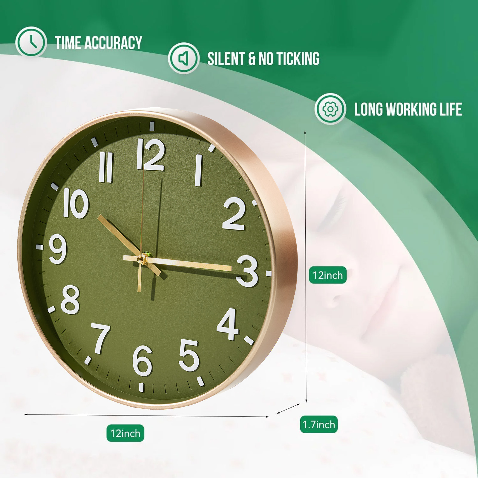 Sanmadrola 12-Inch Silent Wall Clock, Olive Green with Gold Frame photo 8