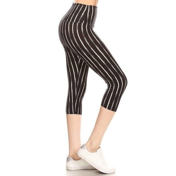 Yoga Style Banded Lined Stripe Printed Knit Capri Legging Multi