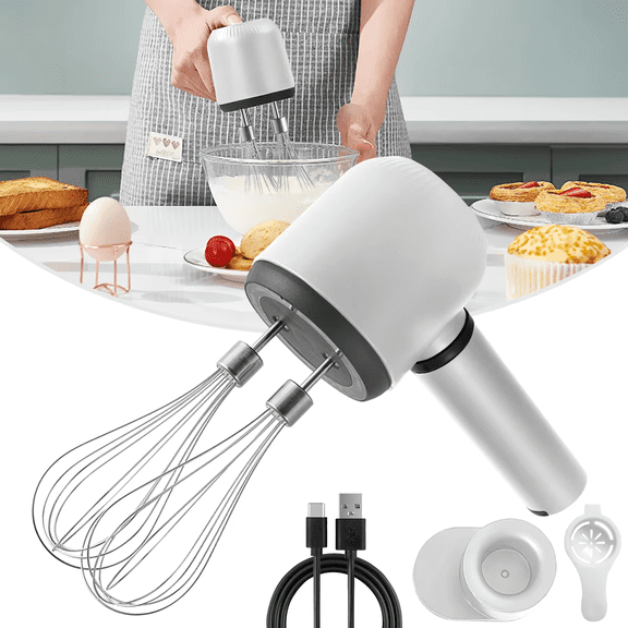 AMAZTEK Cordless Electric Hand Mixer Dual Whisk Hand Mixer, Stainless Steel USB Rechargeable Low Speed Cordless Electric Hand Whisk for Baking Kitchen Whipping Mixing Egg Cake Dough