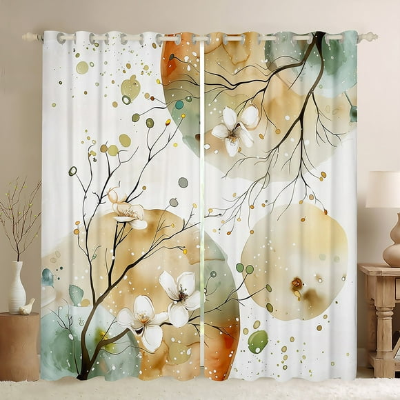 Feelyou White Floral Flower Blackout Curtains Set of 2 (52x84 Each), Chinese Style Ink Window Curtains, Vintage Fashion Curtains and Drapes, Window Curtains Room Decor