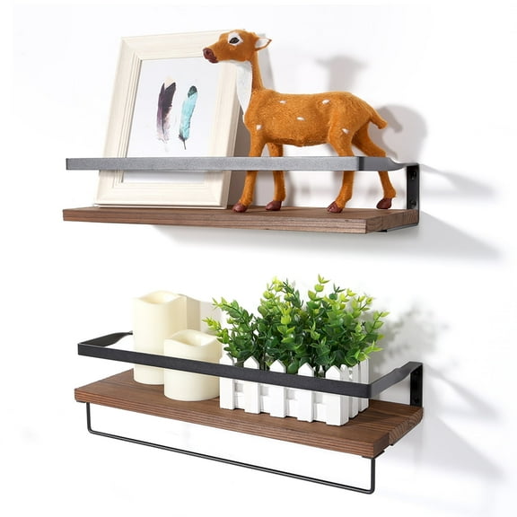 Uten Wall Mounted Floating Shelves Set of 2, Solid Wood Storage Shelves on Metal Frame and Towel Bar for Bathroom, Kitchen, Bedroom, Decorative & Space Saving