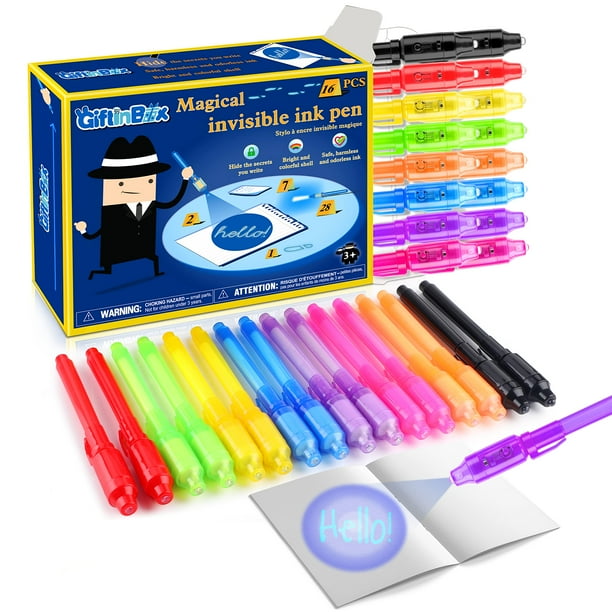 Bolígrafo de tinta invisible GIFTINBOX, 16 unidades, bolígrafo espía para niños con luz UV