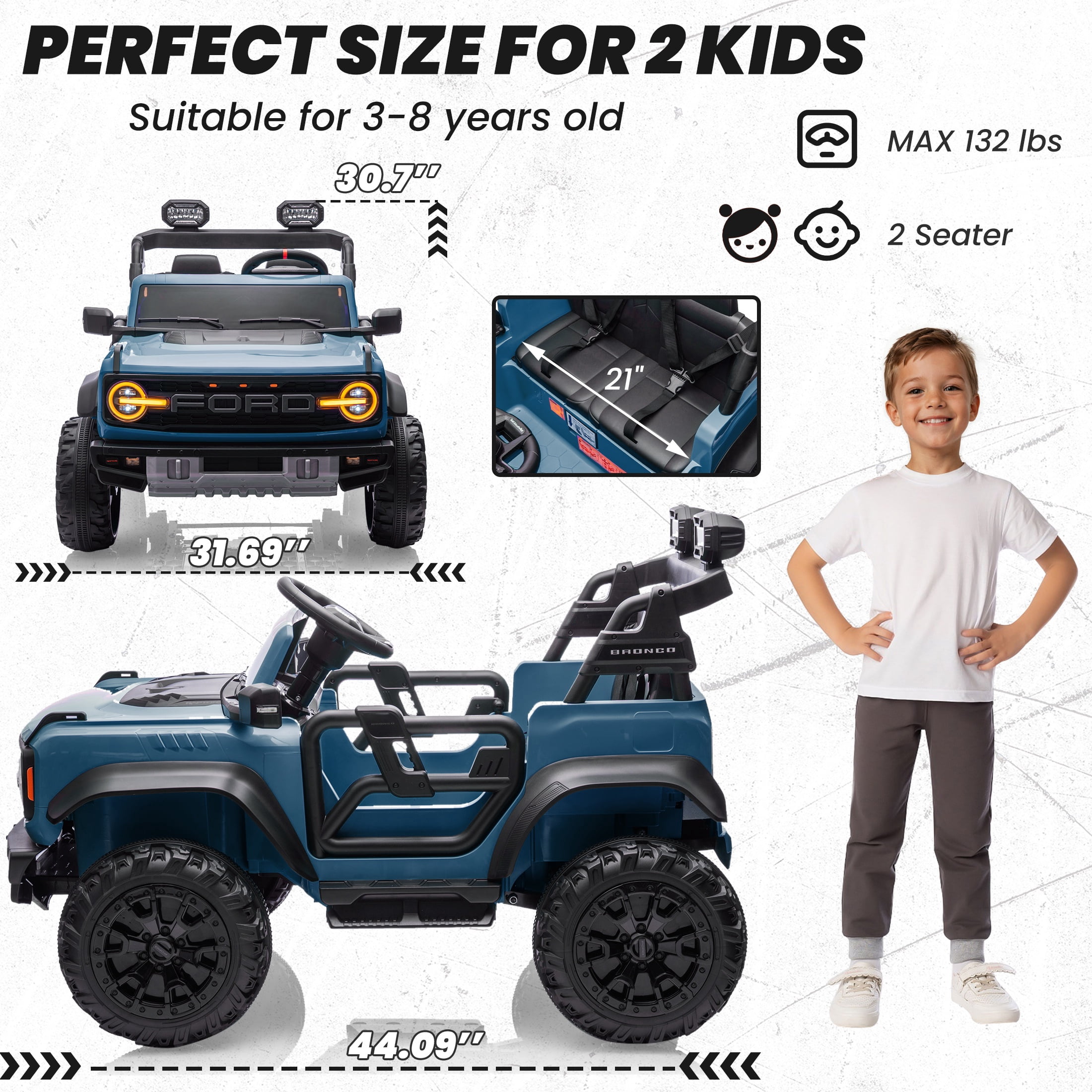 24V 2 Seater Ride on Cars for Big Kids, Licensed Ford Bronco Raptor Powered Ride on Toy Truck with Remote Control, Spring Suspension, Bluetooth, LED Light, Electric Car for Kids 3-8 Boys Girls, Blue