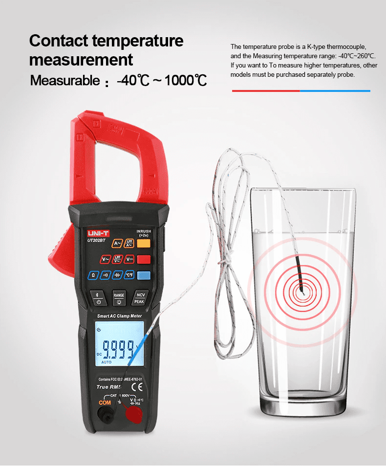 UNI-T Uni-trend Multimeter clamp meter UT202BT Digital clamp meter 600A DC Current Pliers Ammeter Voltage Tester Temperature Frequency Meter Auto Range(UT202BT)