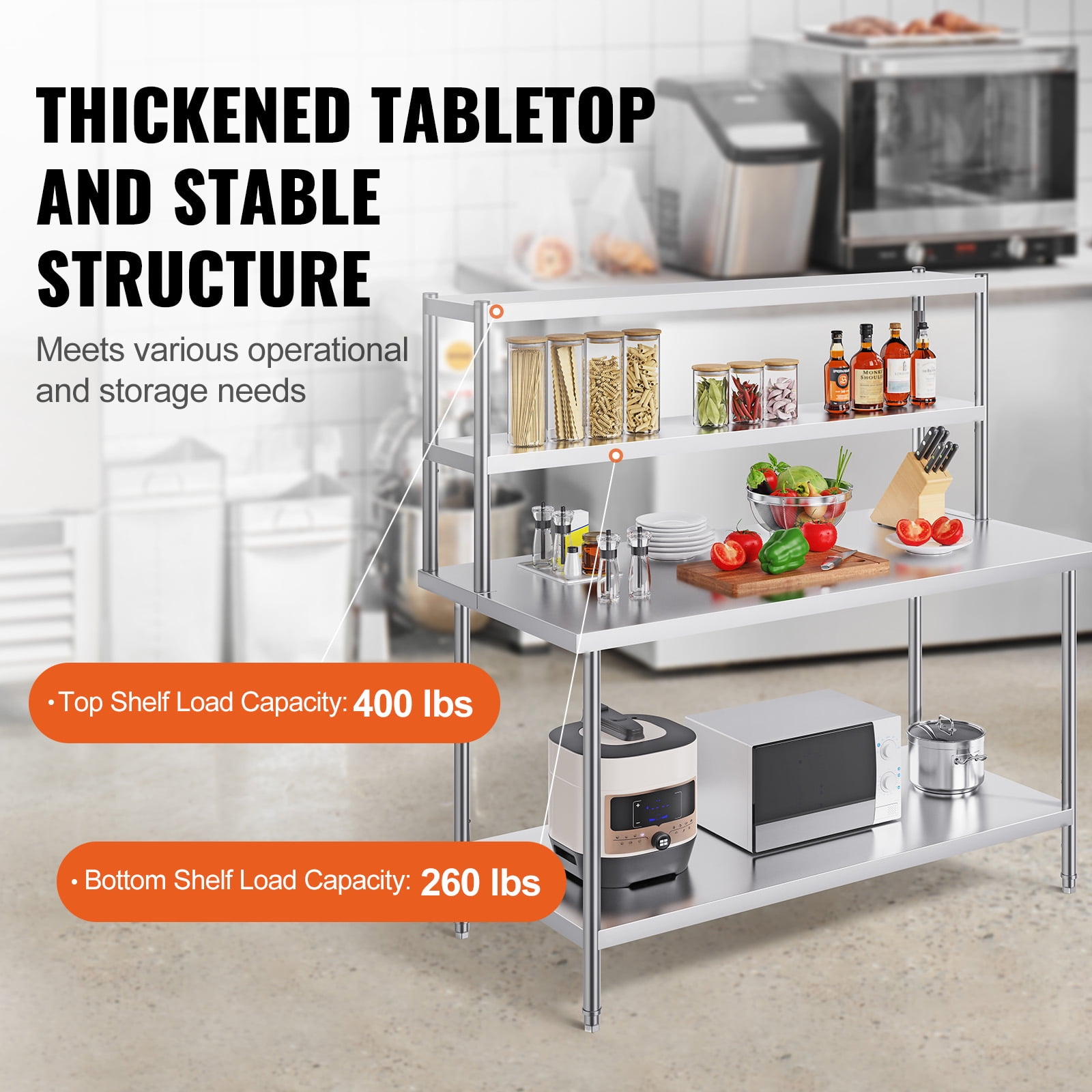 KFFKFF Dual-Level Shelf, Stainless Steel, 12x60 Inch, Adjustable Height, for Kitchen, Restaurant, Workshop