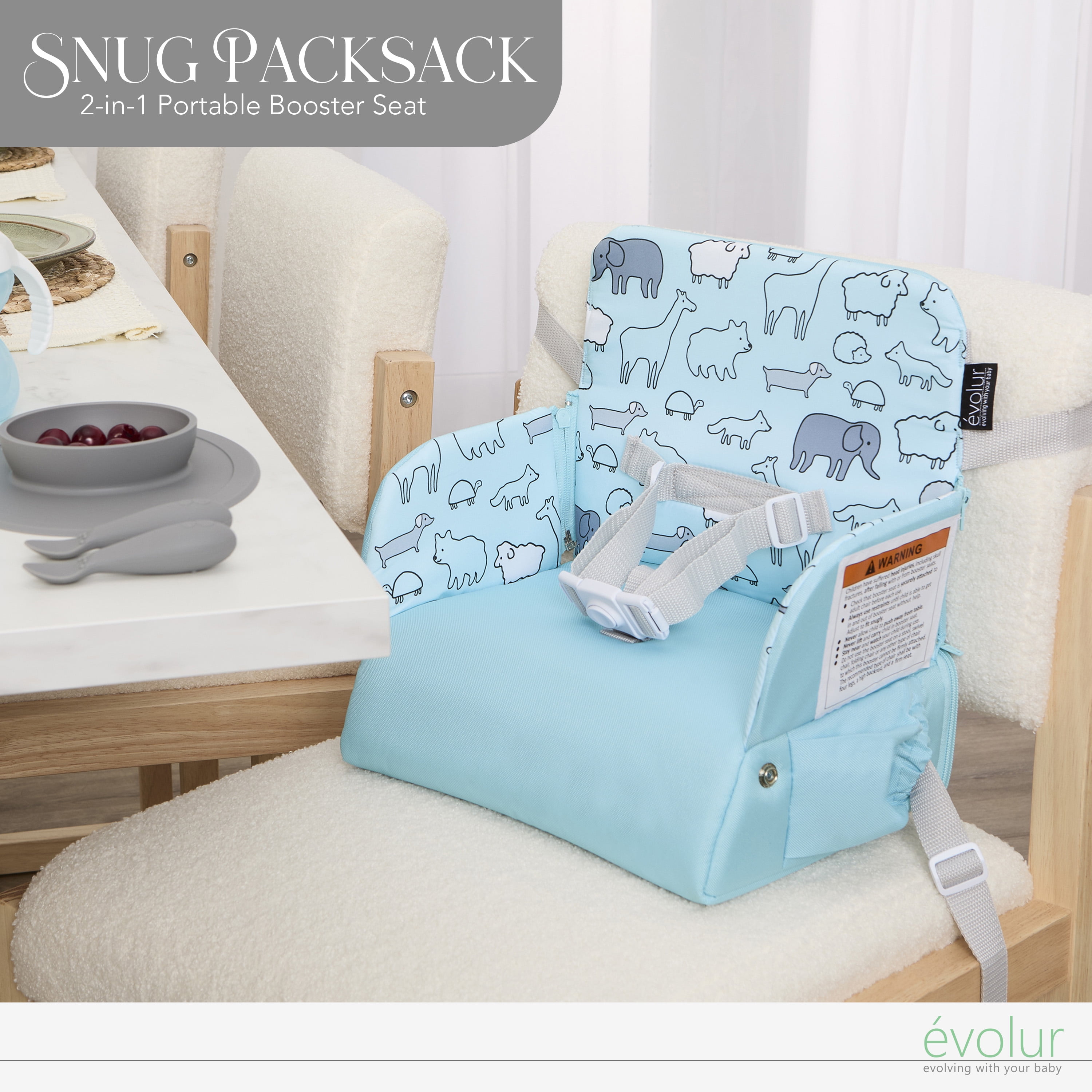 Evolur Snug Packsack 2-in-1 Portable Booster Seat and Travel Bag, Sky Blue