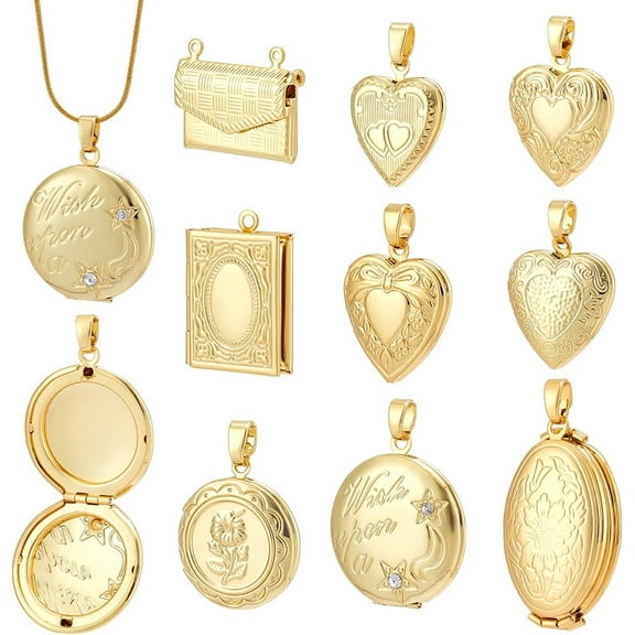 9pcs 9 styles 18K Gold Plated Locket Pendants Brass Photo Heart Frame Pendants Oval/Flower/Bag/Book/Round Shape Memory Locket Charms for DIY Necklace Bracelet Jewelry Making 15~35x13~25.5x4~9.5mm