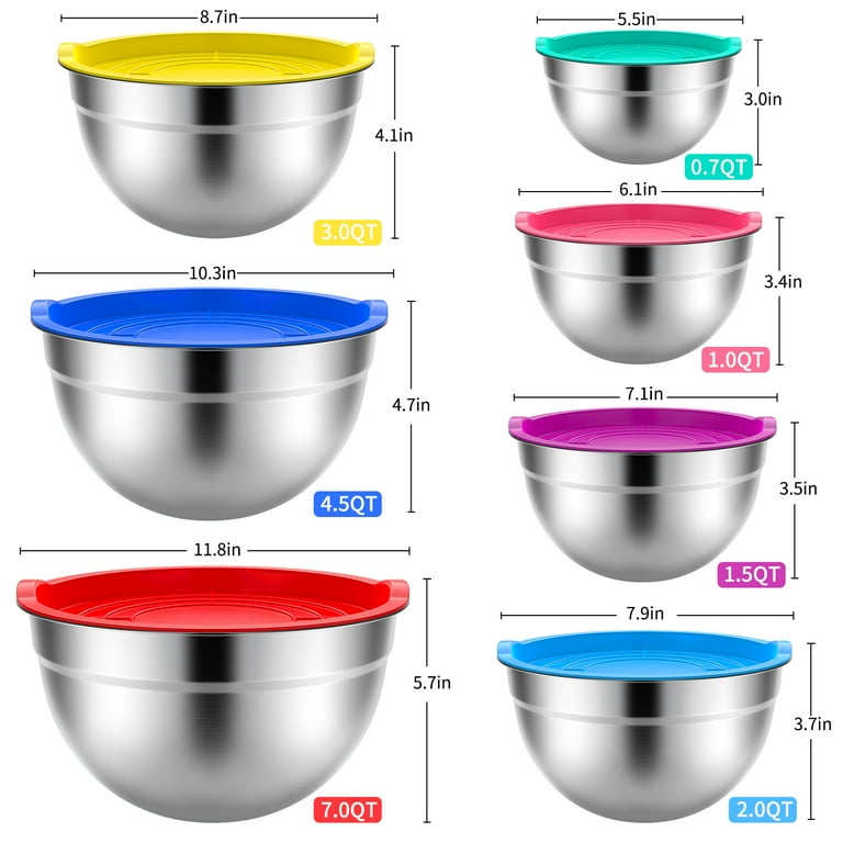 7 PCS Stainless Steel Mixing Bowls With Lids - Golden Mirror Finish, 1.5 Qt To 6.9 Qt