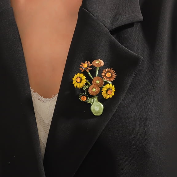 Eosunjian Women Brooch Sunflower Vase Shape Enamel Vintage Anti-slip Suit Coat Collar Hat Scarf Decoration Clothes Pin Prom Party Garment Jewelry Yellow