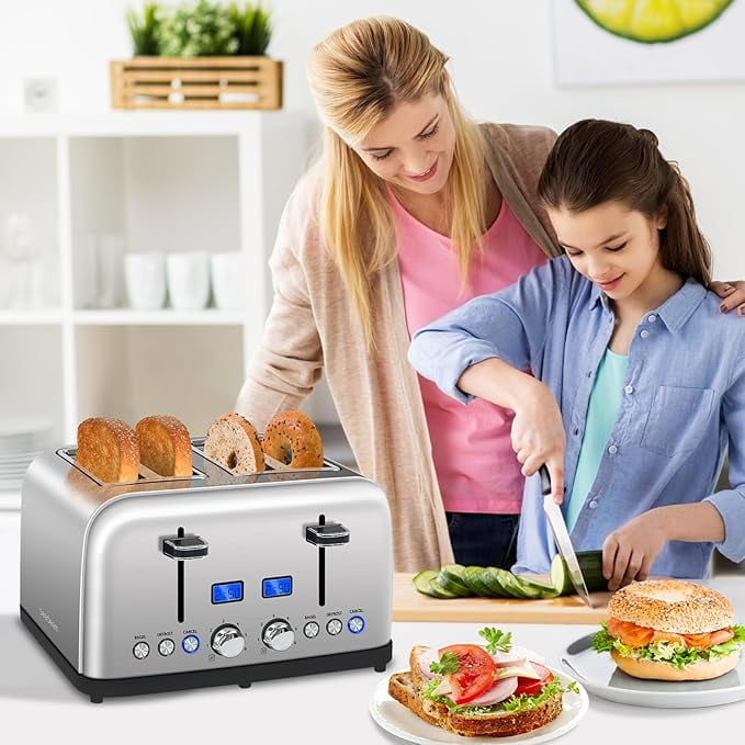 Toaster 4 Slice, LCD Display, 6 Shade Settings, 1.5'' Wide Slots, Digital Stainless Toaster for Bagel, Defrost, Reheat, Dual Control, Removable Crumb Tray, 1500W, Silver Metallic