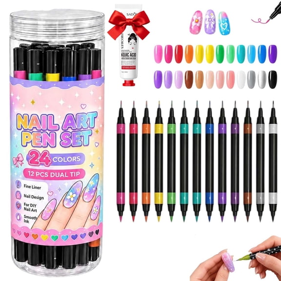 24 Colors Dual Ended Nail Art Pens Set, 2-in-1 Quick Dry Nail Art Markers with Fine Liner & Brush Tips, DIY Manicure Tools for Women