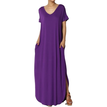 Printed Slinky Jersey Dress - TheMogan Women's Viscose Jersey V-Neck Short Sleeve Relaxed T-Shirt Slit Maxi Dress