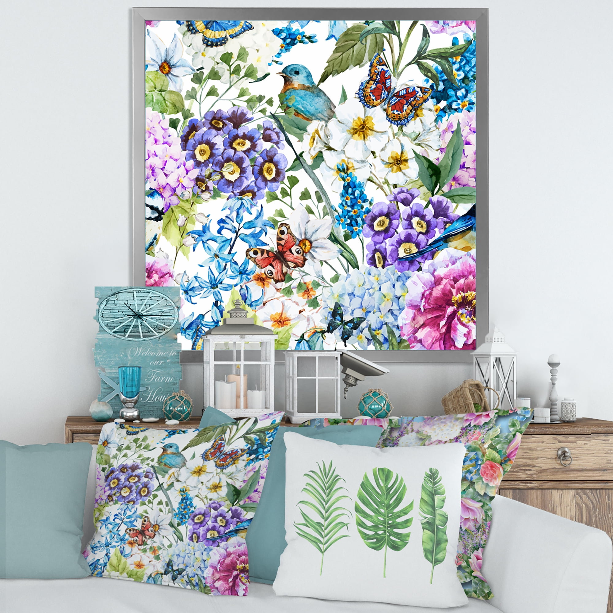 Wildflowers and Vibrant Wild Spring Leaves XII 36 in x 36 in Framed Painting Canvas Art Print, by Designart