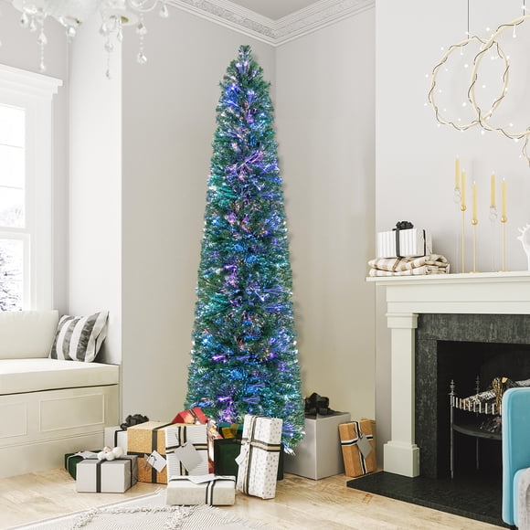 Gymax 7 FT Fiber Optic Artificial Christmas Tree Slim Pencil Xmas Tree w/ Colorful Lights & 697 Branch Tips