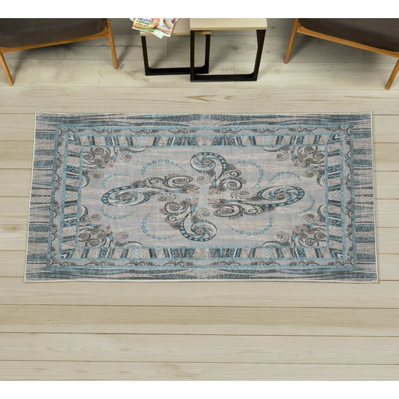 Floral Decorative Rug, Abstract Curls of Botanical Design and Dots Borders Frame with Wavy Forms, Quality Carpet for Bedroom Dorm and Living Room, 6 Sizes, Pale Blue, by Ambesonne
