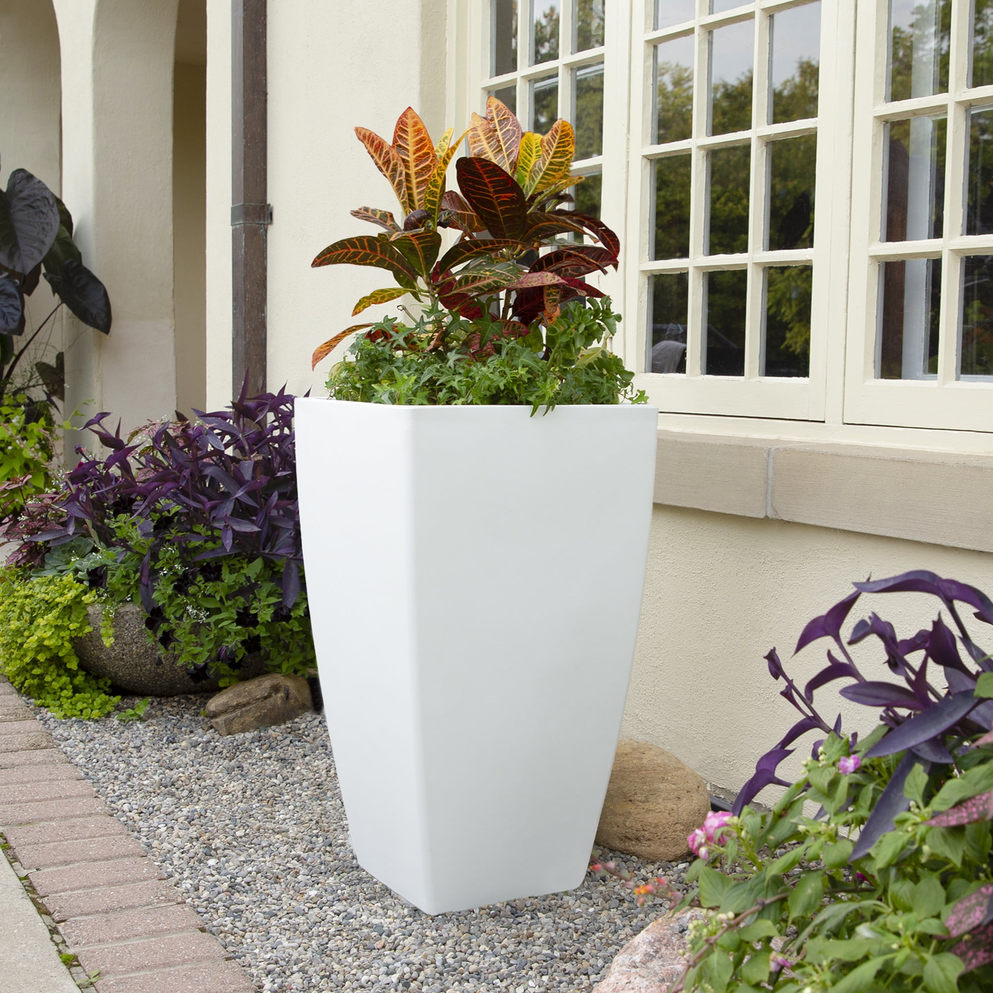 Mayne Kobi 17.5" x 17.5" x 32" Square Tall White Self-Watering Plastic Planter