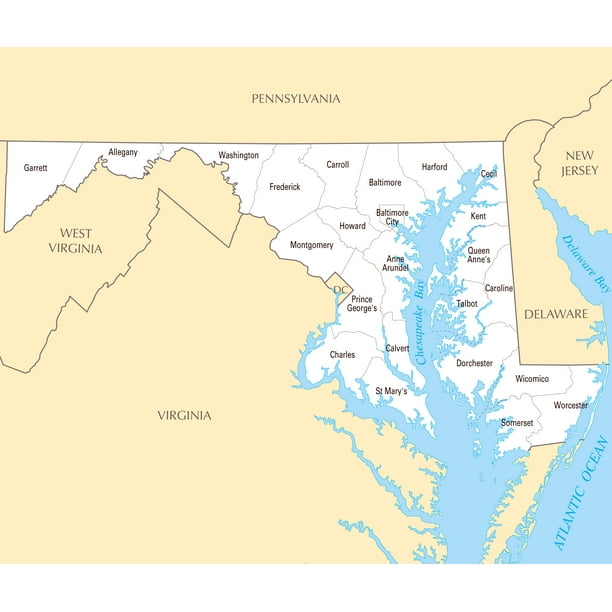Large administrative map of Maryland state Poster 20 x 3020 Inch By 30