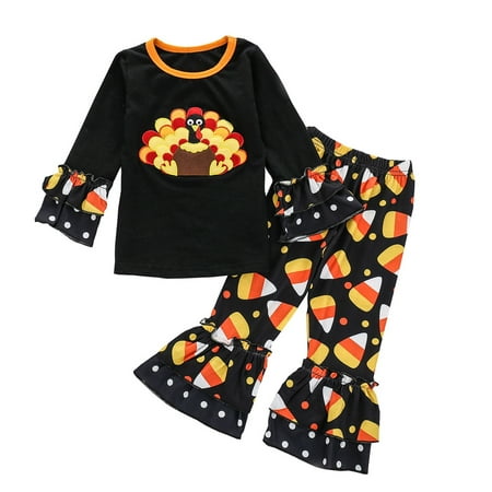 

Toddler Girls Outfit Kids Baby Autumn Winter Thanksgiving Print Turkey Cotton Long Sleeve Tops Bell Bottom Set Clothes
