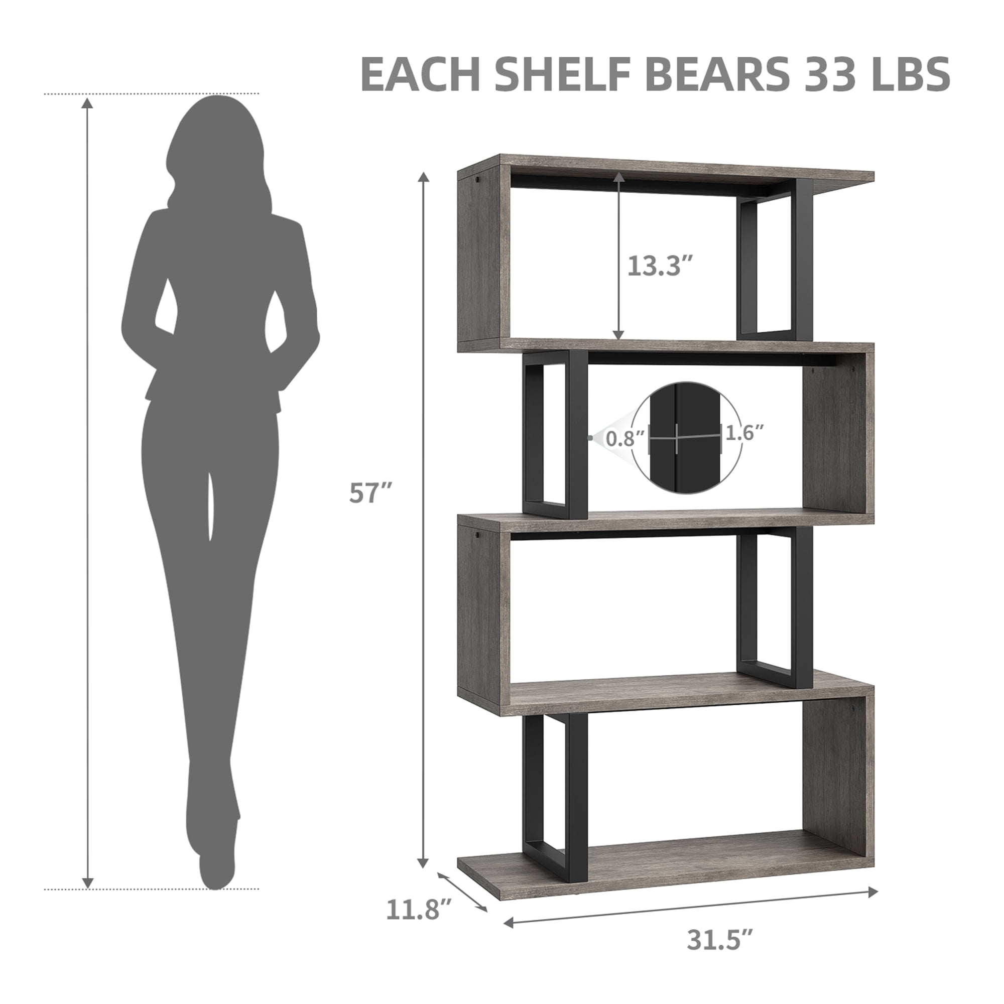 Dextrus 5-Tier S-Shaped Bookshelf, Geometric Bookcase Wooden Z-Shelf Storage Modern Open Shelving, Freestanding Display Bookshelf for Living Room Home Office, Gray