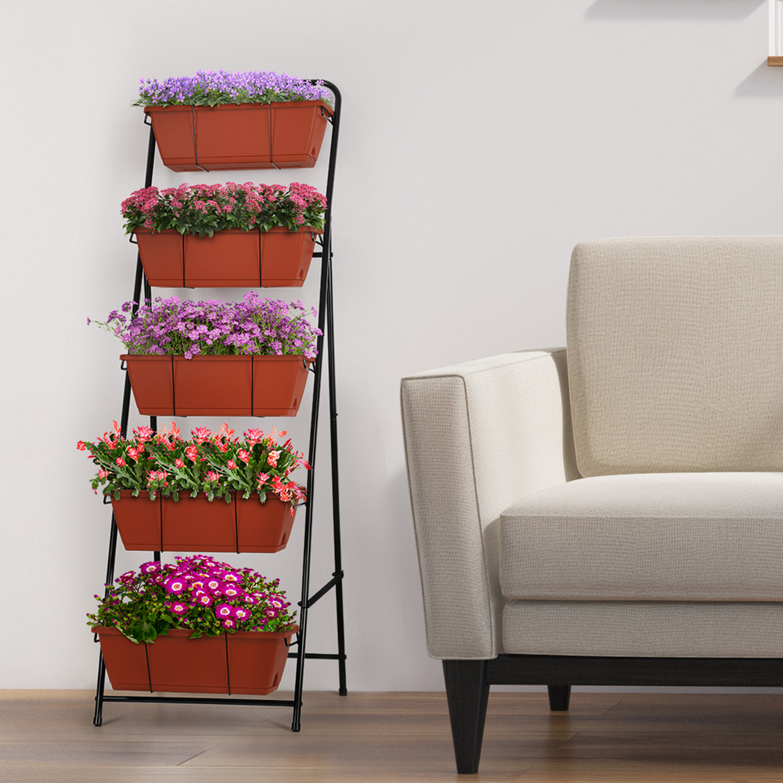 Outdoor 5-Tier Planter Rack with Drainage Holes and Removable Tray Brick Red Metal
