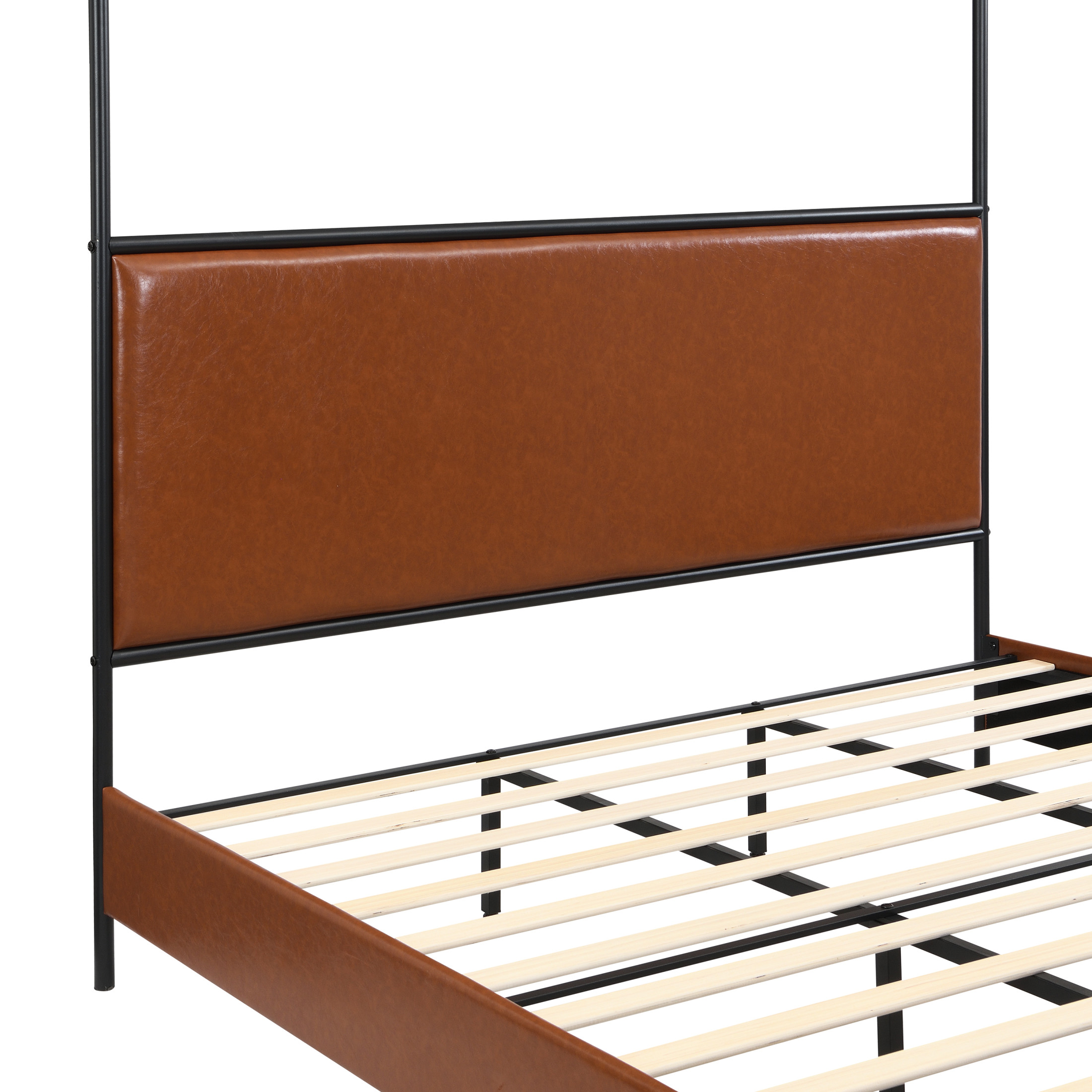 Christopher Knight Home King Size Canopy Bed Frame with PU Upholstered Headboard, Iron Frame, Brown+Black