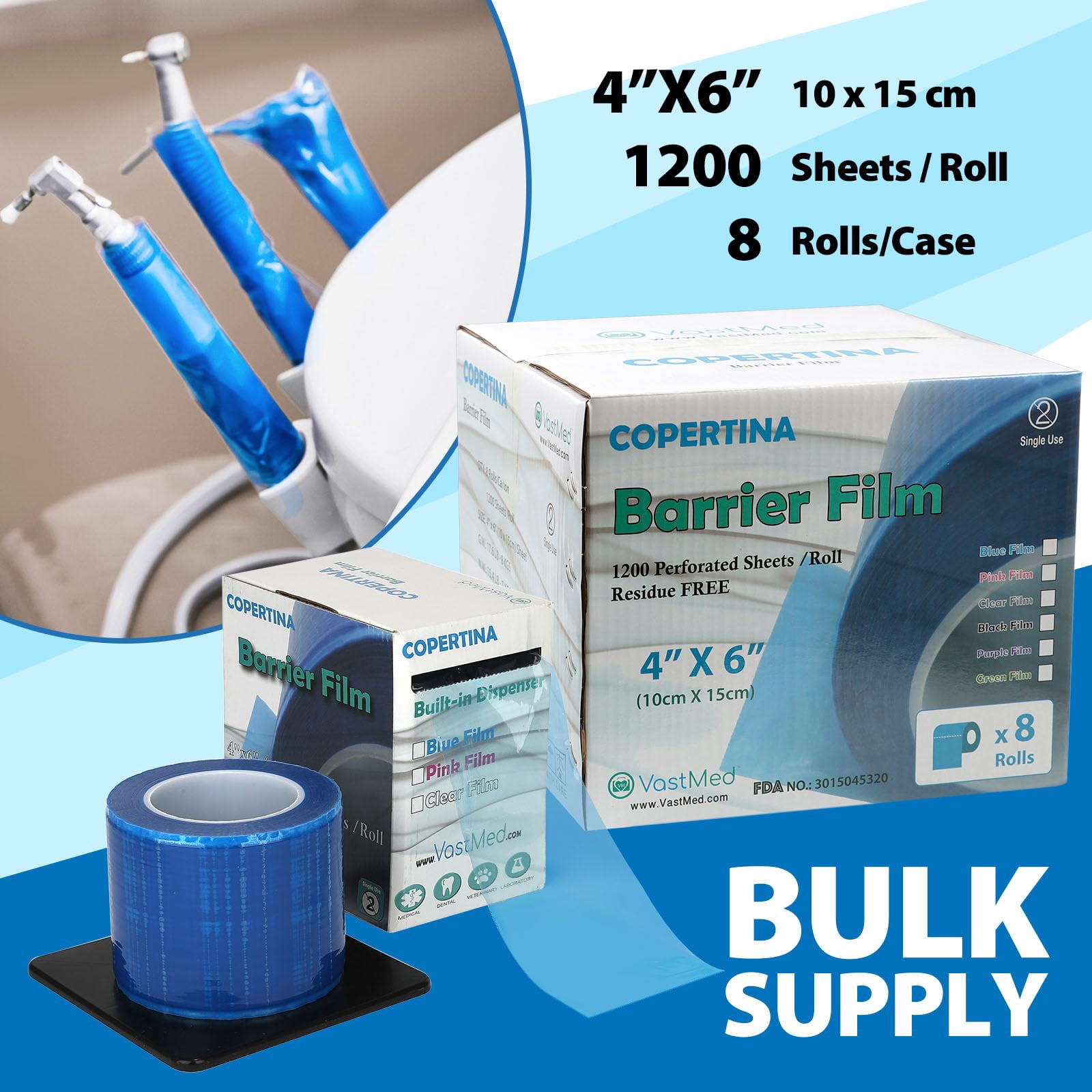 Dental Barrier Film Roll, 4 x 6 in, 9600 Sheets – Blue
