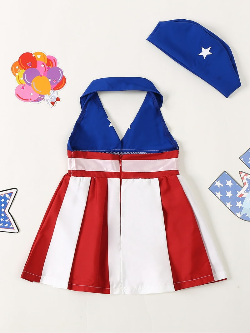 FEORJGP Kids Little Girl 4th of July Outfits 12M 18M 2T 3T 4T 5T Toddler  Sleeveless A-Line Dress Striped Halter Neck Casual Dress Star Print with  Hat Summer 2 Piece Set for, image size:800x1067