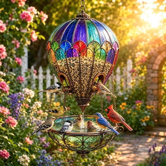 Stained Glass Hot Air Balloon Bird Feeder Fountain, Colorful Rainbow Hanging Garden Decor, Vintage Style Bird Feeder With Water Tray, Outdoor Patio Porch Backyard Decoration, 1PC