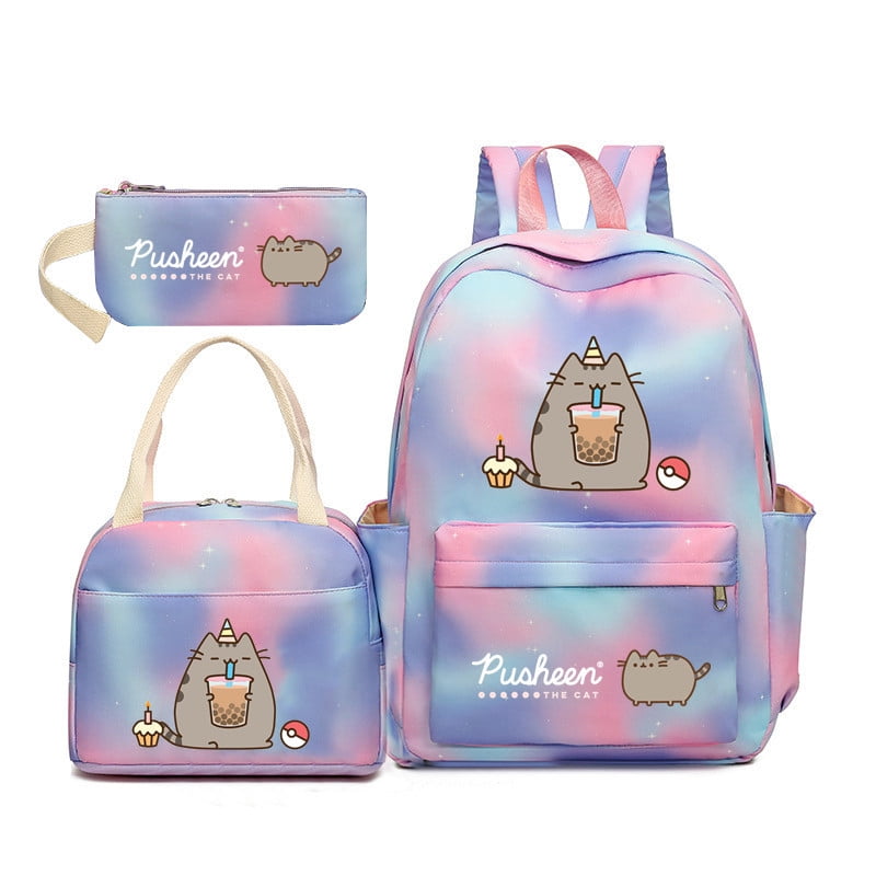 Pusheen Fat Cat Gradient Rainbow Backpack Girly Ins Primary And Secondary School Students Three Piece Schoolbag Starry sky blue purple 1 Bomveson