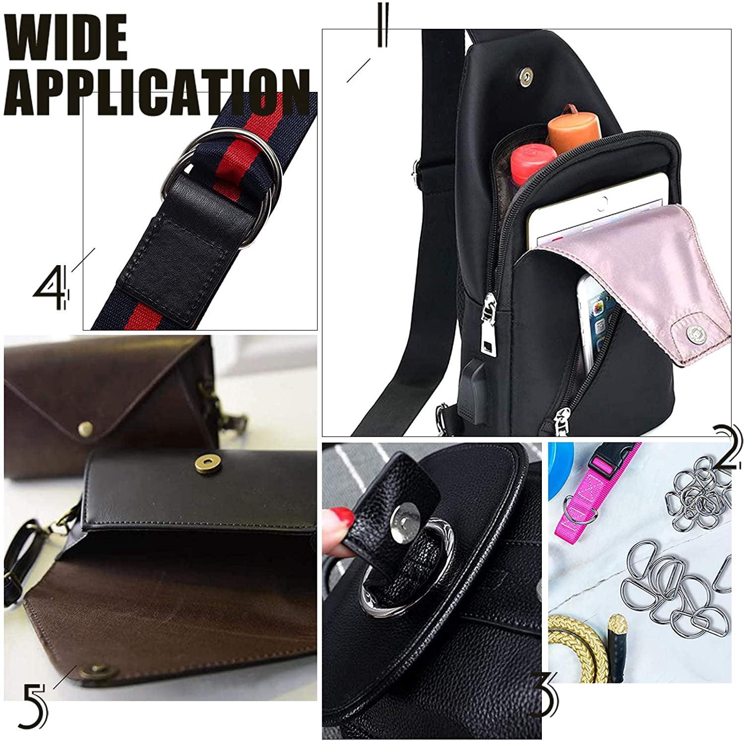 70pcs 6 styles Metal bag Clasp Kit Including 10pcs Lobster Claw Clasps 10pcs Rectangle Ring 10pcs D Rings 10pcs O Rings 10pcs Slider Buckle 20pcs Snap Clasps for DIY bag Making