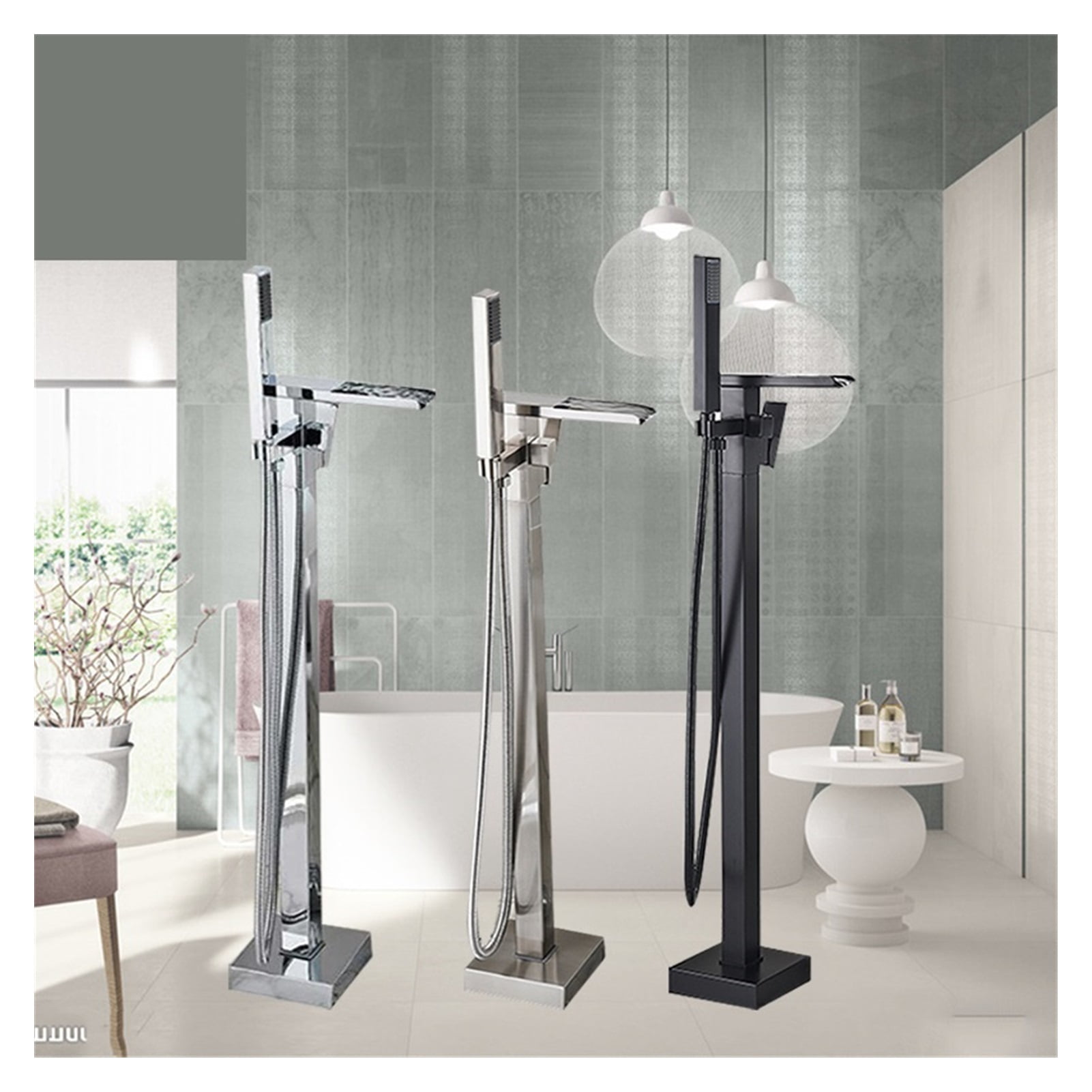 Matte Black Bathroom Standing Bathtub Faucet Tub Waterfall Spout Plastic Hand Shower Floor Stand Bath Tub Hot Cold Mixer Tap