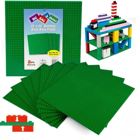 SCS Direct Brick Building Blocks Large Green 10"x10" Baseplates(4pcs) Connects on Both Sides- Compatible & Tight Fit with All Major Building Blocks Brands- Great for Activity Tables & School Projects