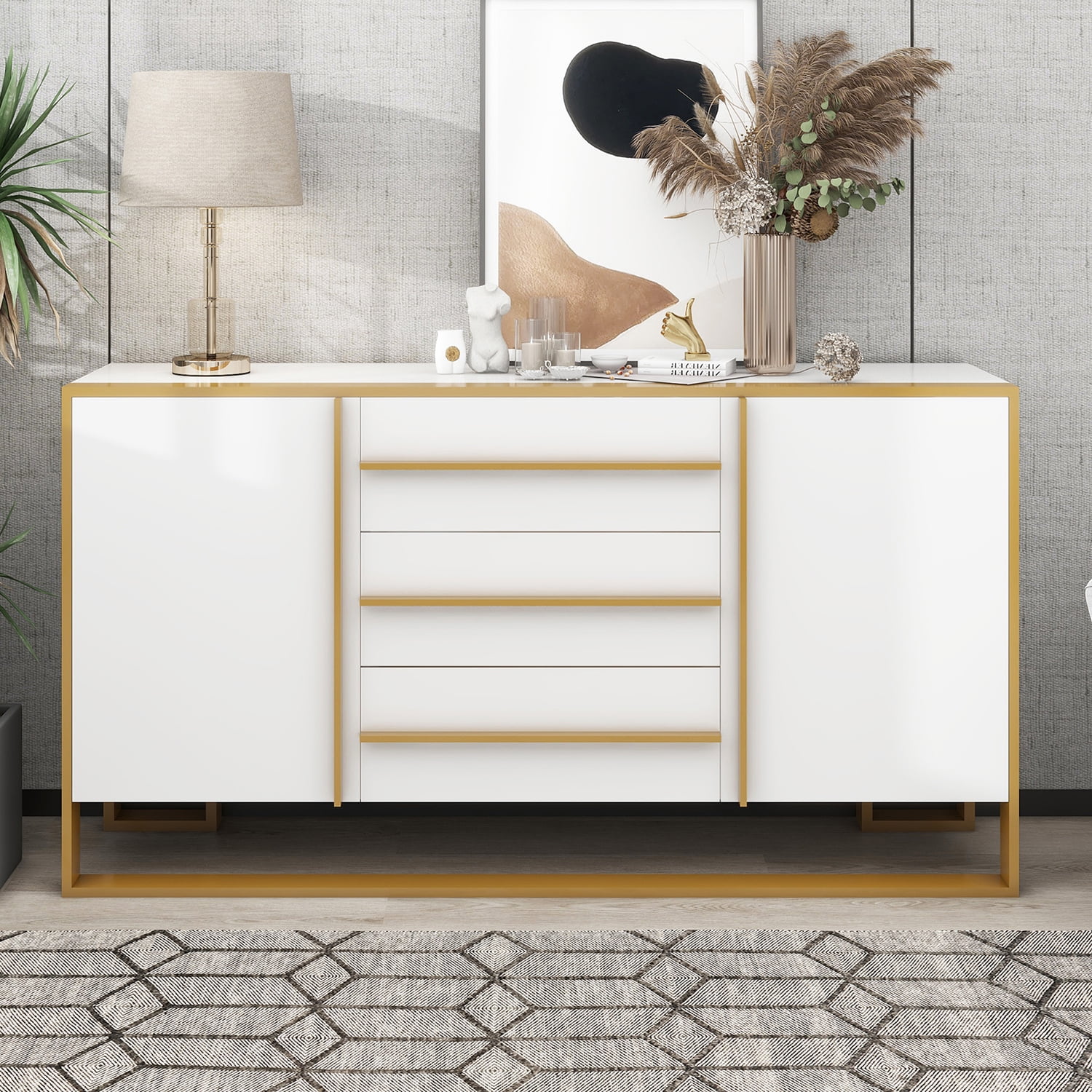 Kadyn 59"L Sideboard, Kitchen Storage Cabinet with Large Storage Space and Gold Metal Legs for Living Room, White