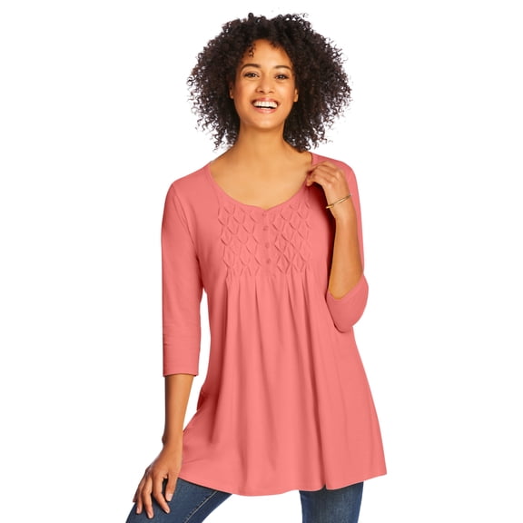 Woman Within Plus Size Smocked Henley Trapeze Tunic