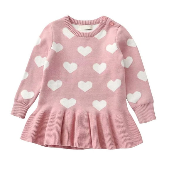 Odeerbi Toddler Girls Spring Fall Sweater Dress Cute Valentine's Day Cotton Knit Dresses Fashion Heart Printed Round Neck Long Sleeve Pleated Dress Toddler Girls Clothes