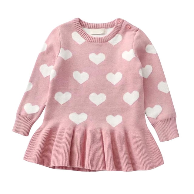Odeerbi Niñas Primavera Otoño Vestido Sudadera Día de San Valentín Vestido Punto Corazón Estampado Cuello Redondo Manga Larga Vestido Plisado