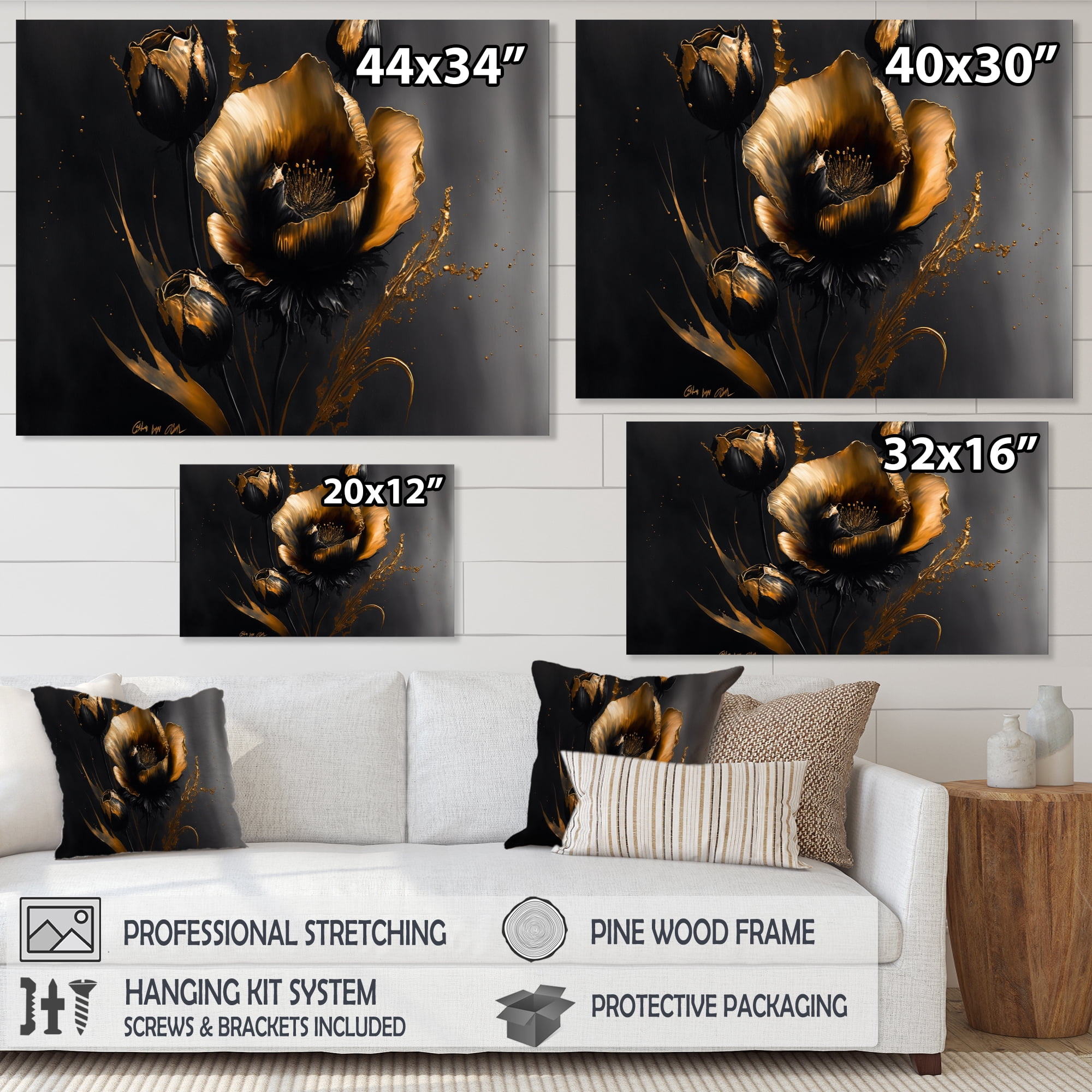 Designart Black And Gold Crocus Floral Design I Canvas Wall Art