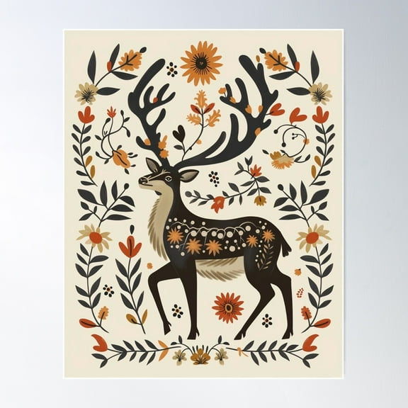 Folk Art Reindeer Deer Design With Floral Antlers – Boho Woodland Animal Print Poster Wall Art, Modern Wall Decor For Living Room Bedroom, 8x12 UNFRAMED