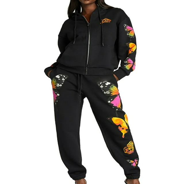 Women Tracksuit Set Zipper Up Hoodies + Jogger Pants 2Pcs Outfit Sets