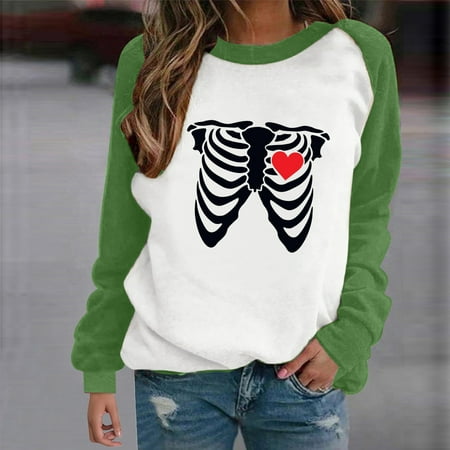

jsaierl Oversized Sweatshirt for Women Long Sleeve Funny Graphic Pullover Skeleton Halloween Sweatshirt Crewneck Plus Size Tops for Women Lightweight Pullover for Teen Girls