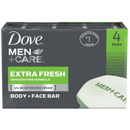 Dove Men Care Body and Face Bar Soap, Extra Fresh Scent Invigorating Formula, 3.51 Ounce, 4 Bars