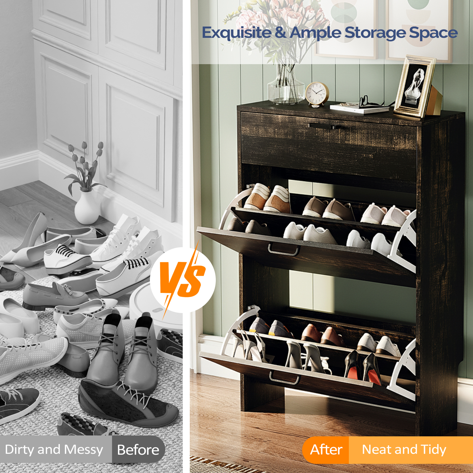 2-Cabinet 1-Drawer Shoe Cabinet Space-Saving Entryway Organizer